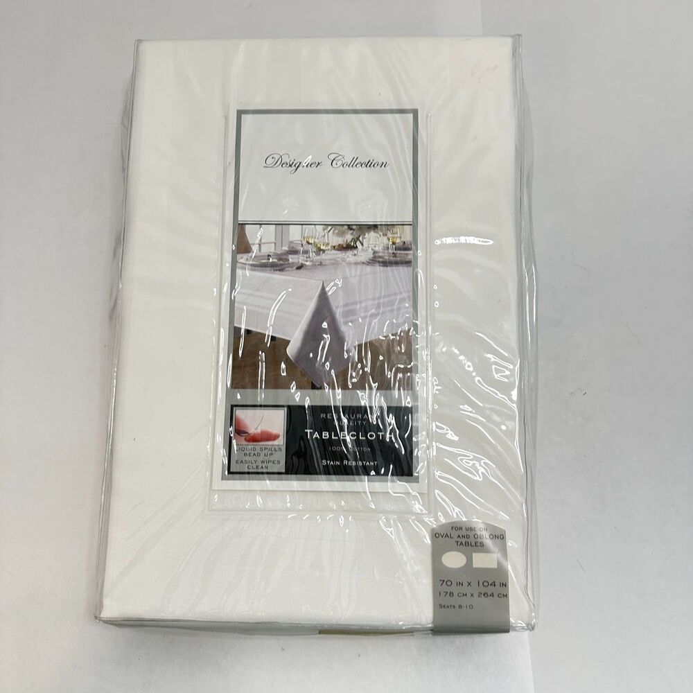 New Designer Collection 70"x 104" White Cotton Tablecloth- Fits Rectangle & Oval